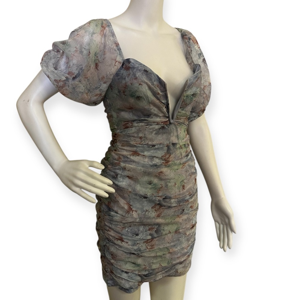 Saint + Secrets Ruched Puff-Sleeve V-Neck Mini Dress in Muted Floral